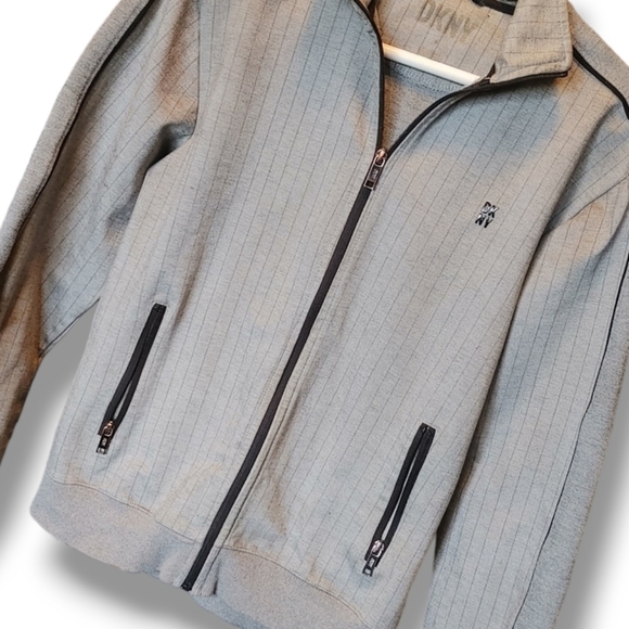 DKNY - Men's Lightweight Grey Pinstripe Zip Up Casual Jacket Coat - Picture 3 of 9